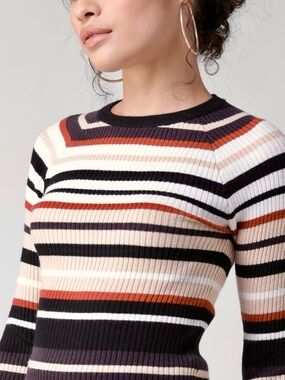 Forever 21 Striped Rib-Knit Crew Sweater top in Cream, Black and Rust